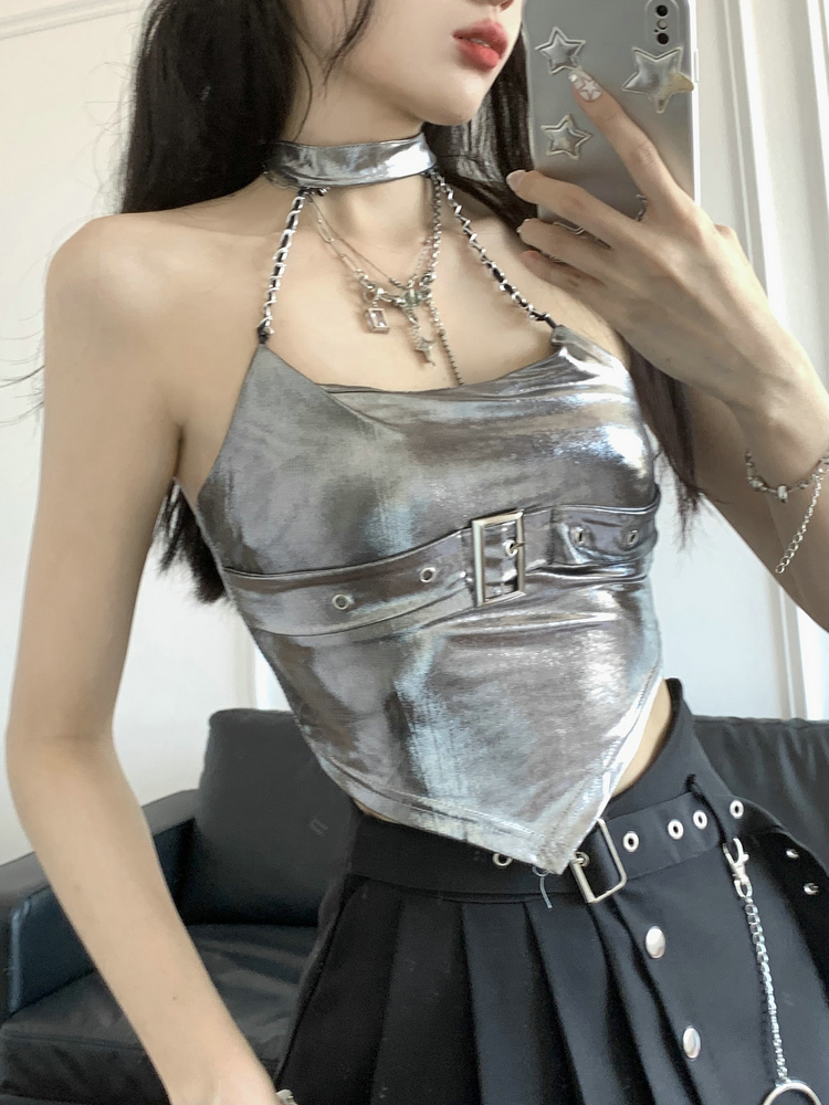 Y2K Jazz Dance Camisole Top for Women - Sweet & Spicy Silver K-Pop Style for Spring and Autumn Y2K Jazz Dance Camisole Top for Women - Sweet & Spicy Silver K-Pop Style for Spring and Autumn
