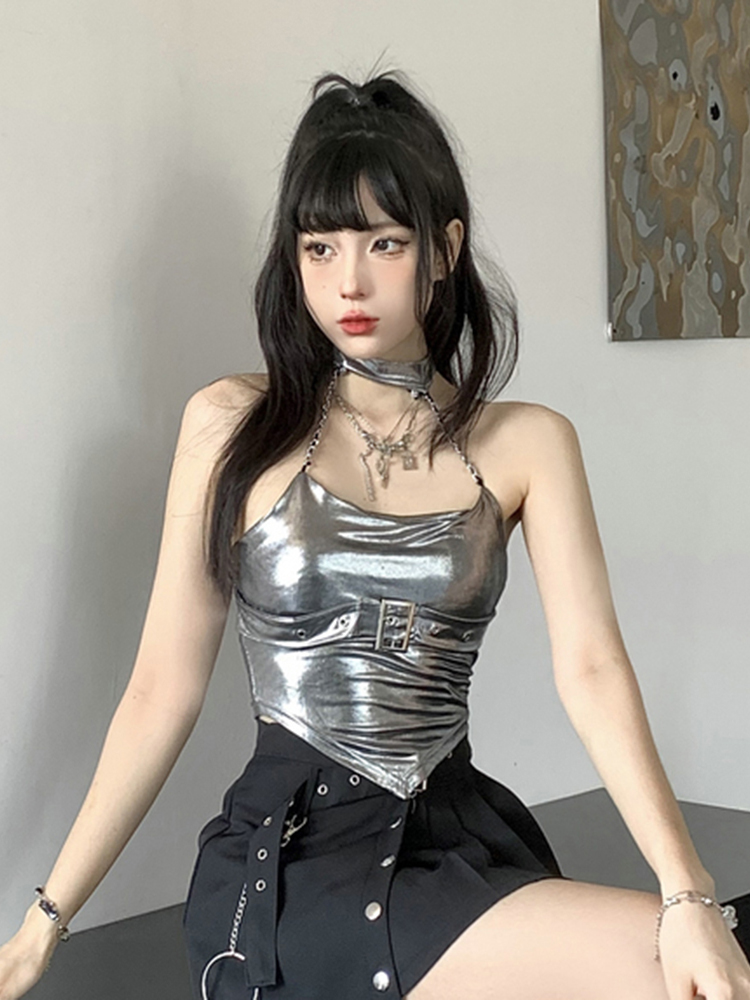 Y2K Jazz Dance Camisole Top for Women - Sweet & Spicy Silver K-Pop Style for Spring and Autumn