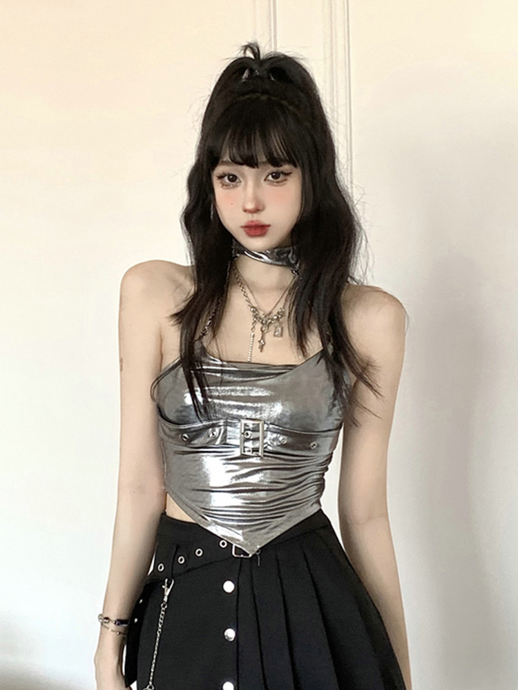 Y2K Jazz Dance Camisole Top for Women - Sweet & Spicy Silver K-Pop Style for Spring and Autumn Y2K Jazz Dance Camisole Top for Women - Sweet & Spicy Silver K-Pop Style for Spring and Autumn
