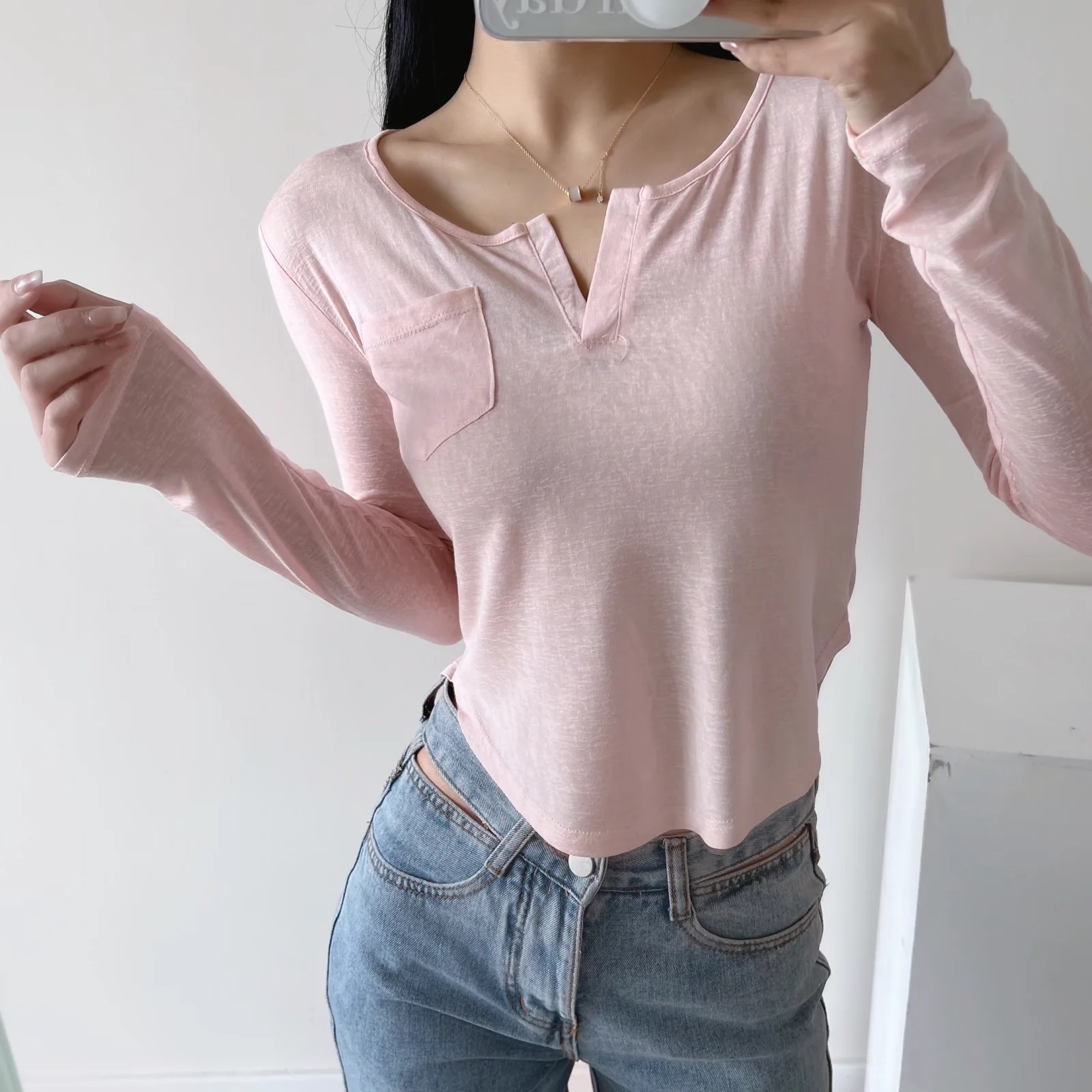 Y2K Jazz Style Long Sleeve T-Shirt for Women - Casual Slim Fit, Curved Hem, Sun Protection, Dance Base Layer Top