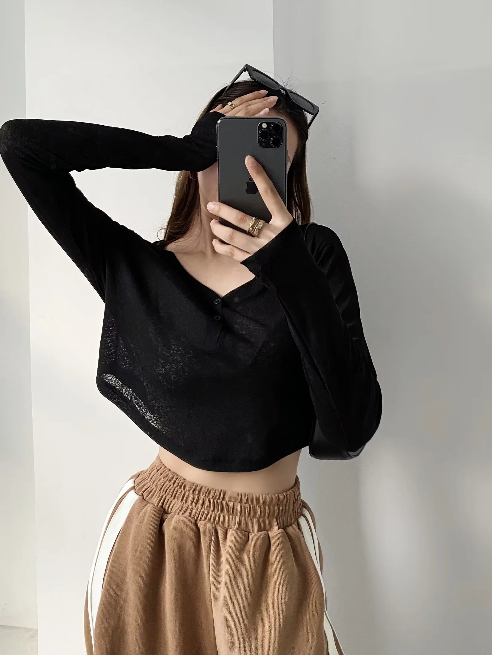 Y2K Jazz Style Long Sleeve T-Shirt for Women, Loose Curved Hem Sun Protection Dance Top