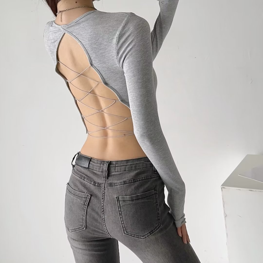 Y2K Jazz Top for Women - K-Pop Hollow Back Lace-Up Sexy Backless Crop T-Shirt Y2K Jazz Top for Women - K-Pop Hollow Back Lace-Up Sexy Backless Crop T-Shirt