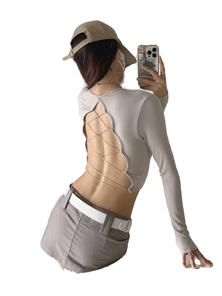 Y2K Jazz Top for Women - K-Pop Hollow Back Lace-Up Sexy Backless Crop T-Shirt Y2K Jazz Top for Women - K-Pop Hollow Back Lace-Up Sexy Backless Crop T-Shirt