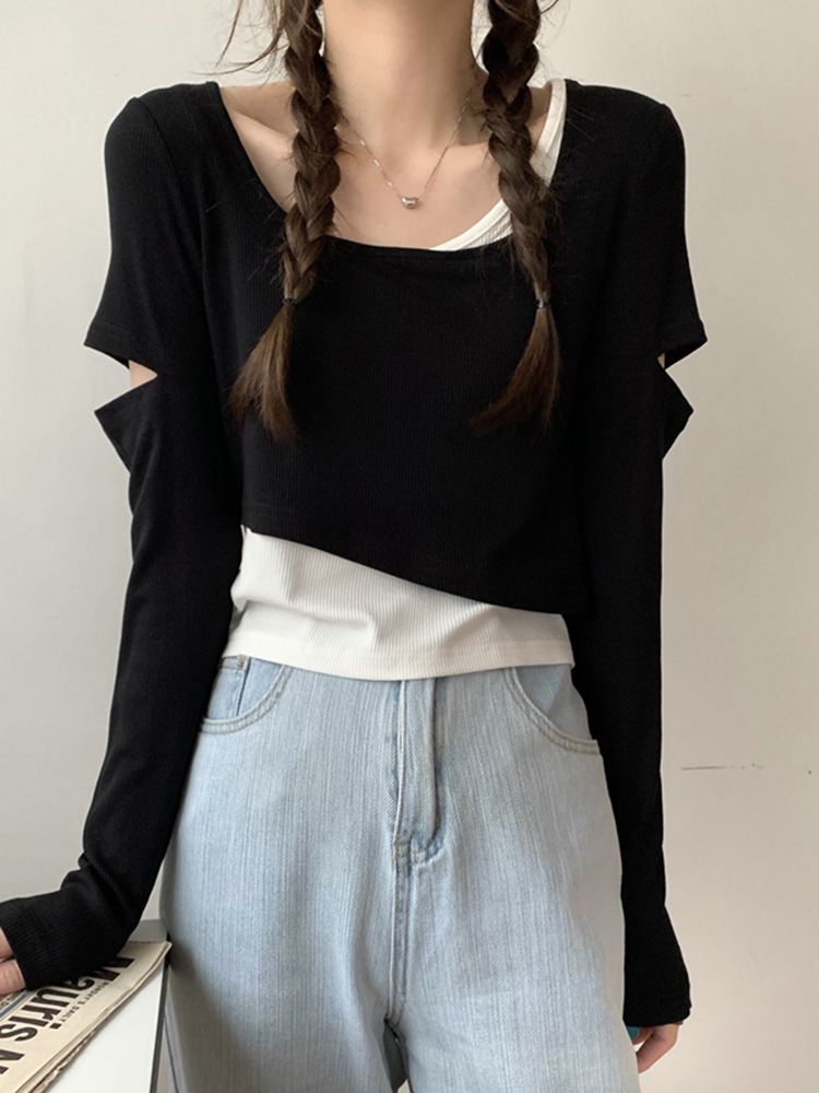 Y2K K-Pop Inspired Girl Group Dance Outfit - Jazz Dancing Top with Fake Two-Piece Layer for Music Festival Style