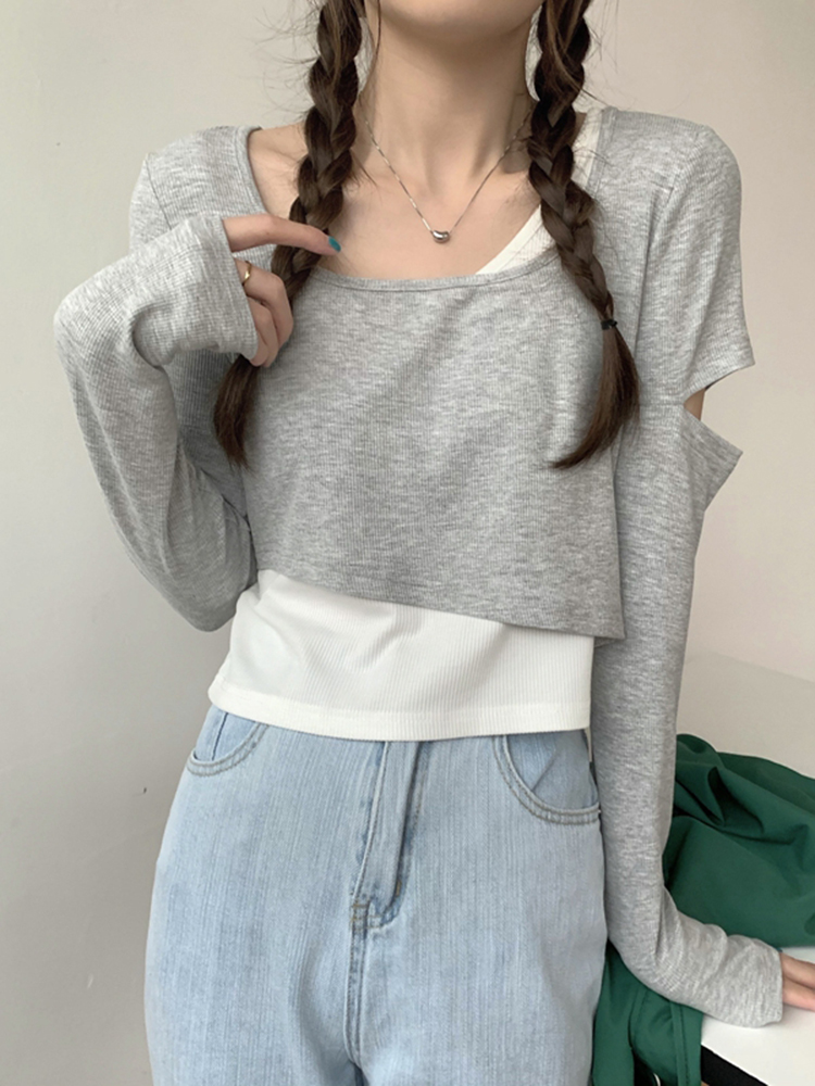 Y2K K-Pop Inspired Girl Group Dance Outfit - Jazz Dancing Top with Fake Two-Piece Layer for Music Festival Style Y2K K-Pop Inspired Girl Group Dance Outfit - Jazz Dancing Top with Fake Two-Piece Layer for Music Festival Style