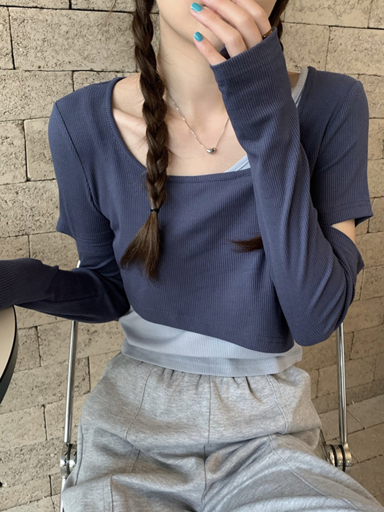 Y2K K-Pop Inspired Girl Group Dance Outfit - Jazz Dancing Top with Fake Two-Piece Layer for Music Festival Style