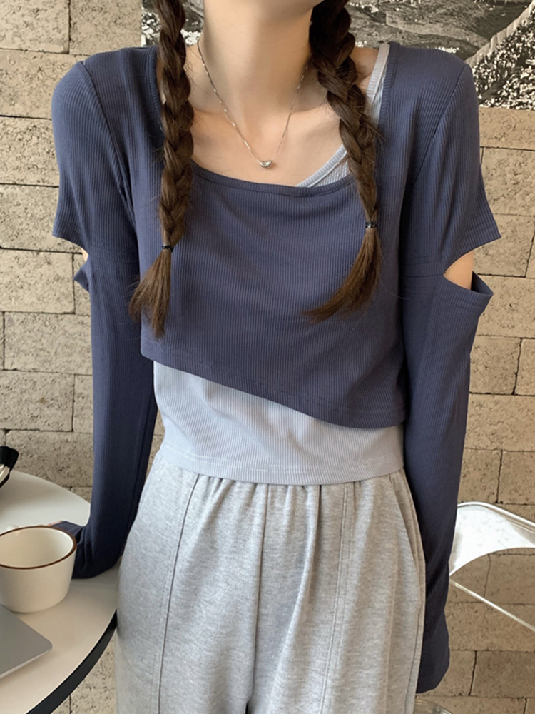 Y2K K-Pop Inspired Girl Group Dance Outfit - Jazz Dancing Top with Fake Two-Piece Layer for Music Festival Style Y2K K-Pop Inspired Girl Group Dance Outfit - Jazz Dancing Top with Fake Two-Piece Layer for Music Festival Style