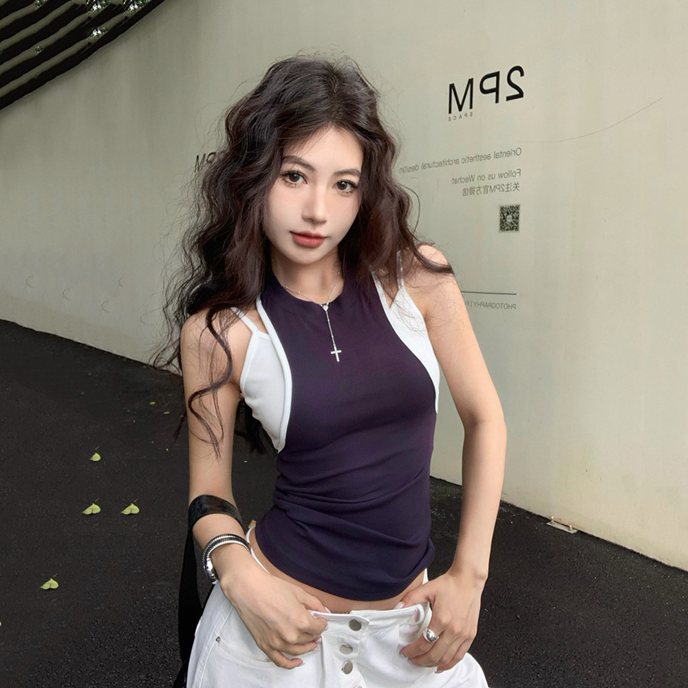 Y2K Kpop Fake Two-Piece Short Vest for Women, Slim Fit Jazz Dance Top, Spicy Girl Dance Outfit Y2K Kpop Fake Two-Piece Short Vest for Women, Slim Fit Jazz Dance Top, Spicy Girl Dance Outfit