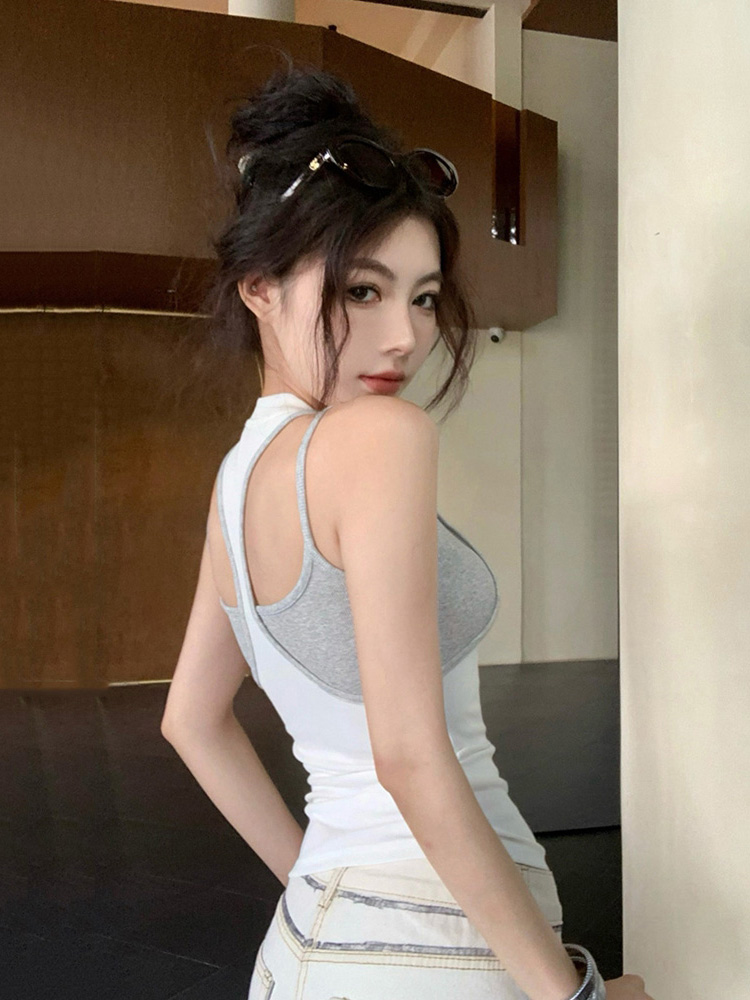 Y2K Kpop Fake Two-Piece Short Vest for Women, Slim Fit Jazz Dance Top, Spicy Girl Dance Outfit Y2K Kpop Fake Two-Piece Short Vest for Women, Slim Fit Jazz Dance Top, Spicy Girl Dance Outfit