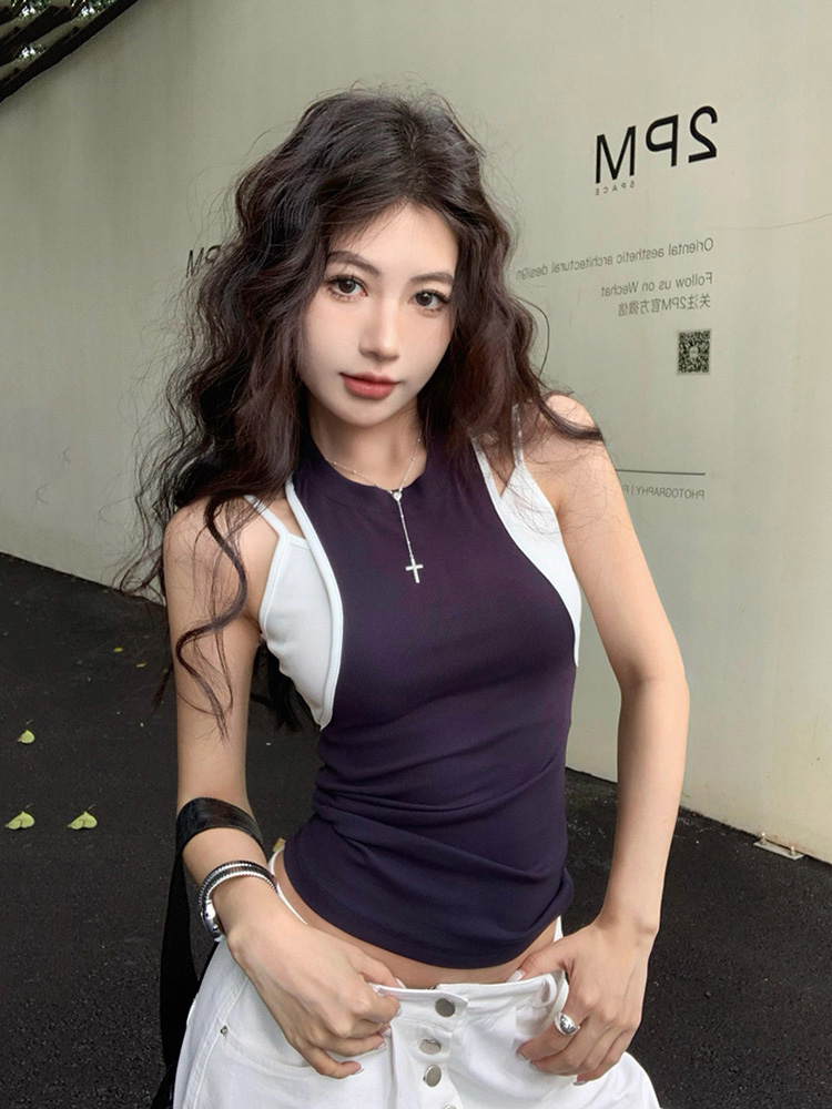 Y2K Kpop Fake Two-Piece Short Vest for Women, Slim Fit Jazz Dance Top, Spicy Girl Dance Outfit Y2K Kpop Fake Two-Piece Short Vest for Women, Slim Fit Jazz Dance Top, Spicy Girl Dance Outfit