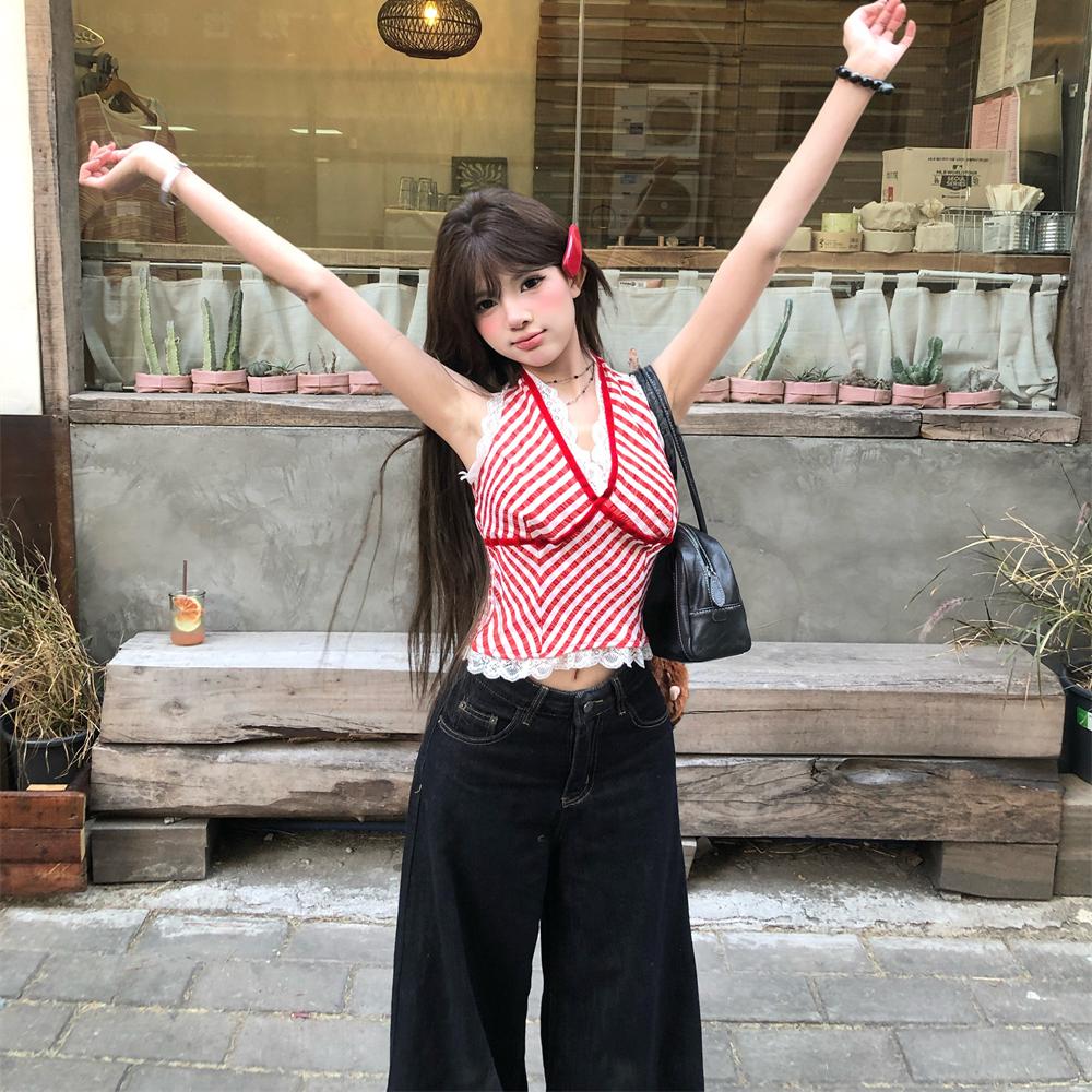 Y2K Lace Trim Halter Top for Women - Spicy Girl V-Neck Red Plaid Camisole for Jazz Dance & Summer Style Y2K Lace Trim Halter Top for Women - Spicy Girl V-Neck Red Plaid Camisole for Jazz Dance & Summer Style