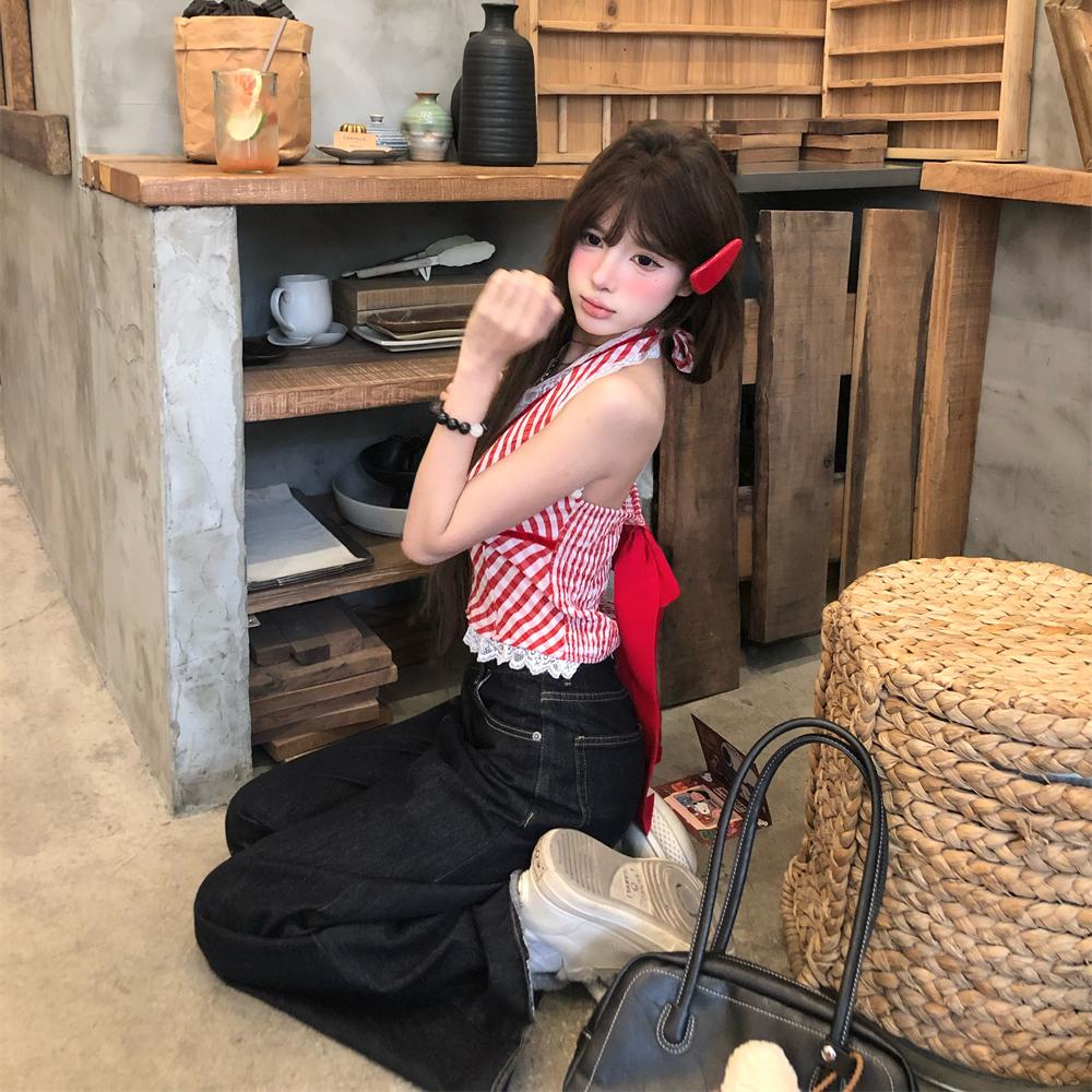 Y2K Lace Trim Halter Top for Women - Spicy Girl V-Neck Red Plaid Camisole for Jazz Dance & Summer Style