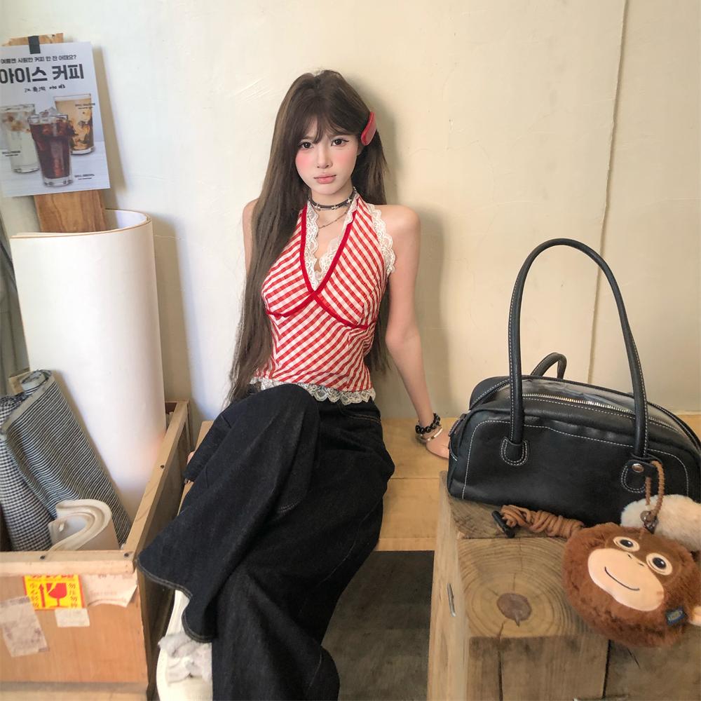 Y2K Lace Trim Halter Top for Women - Spicy Girl V-Neck Red Plaid Camisole for Jazz Dance & Summer Style Y2K Lace Trim Halter Top for Women - Spicy Girl V-Neck Red Plaid Camisole for Jazz Dance & Summer Style