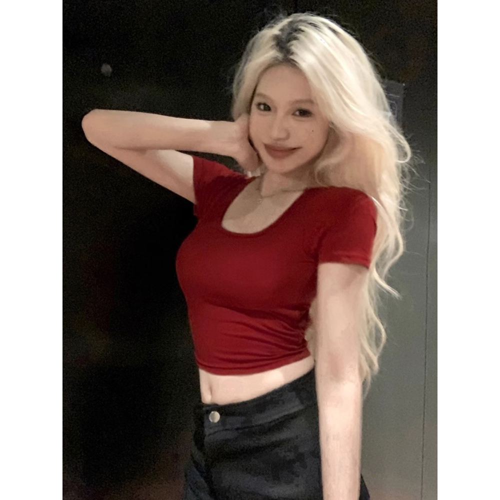 Y2K Red Jazz Dance Top for Women with Hollow Back Design - Sweet and Spicy Music Festival T-Shirt