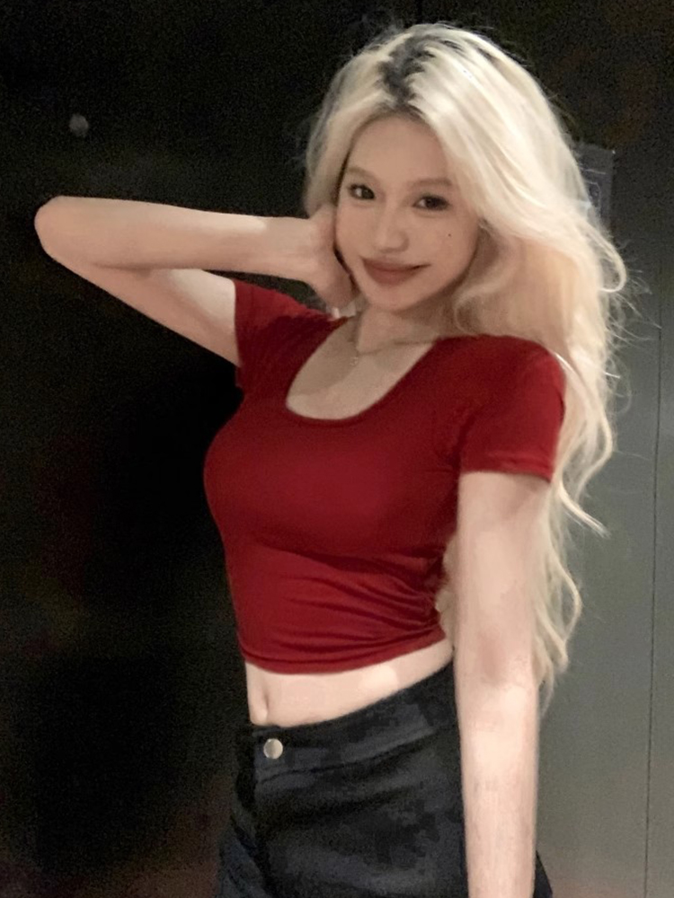 Y2K Red Jazz Dance Top for Women with Hollow Back Design - Sweet and Spicy Music Festival T-Shirt