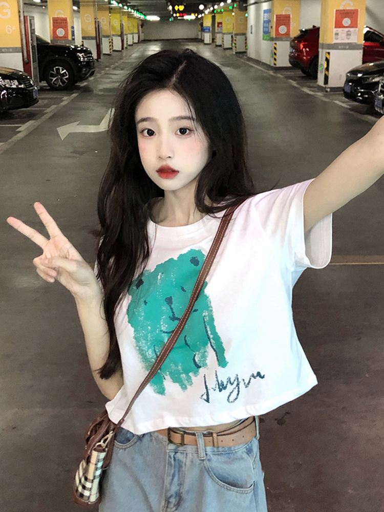 Y2K Short-Sleeved Jazz Dance Top for Women, Sweet and Spicy European American Style T-Shirt