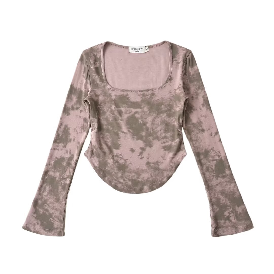 Y2K Spicy Girl Tie-Dye Square Neck Flared Long Sleeve T-Shirt with Pleated Waist and Slimming Curved Hem for Women Y2K Spicy Girl Tie-Dye Square Neck Flared Long Sleeve T-Shirt with Pleated Waist and Slimming Curved Hem for Women