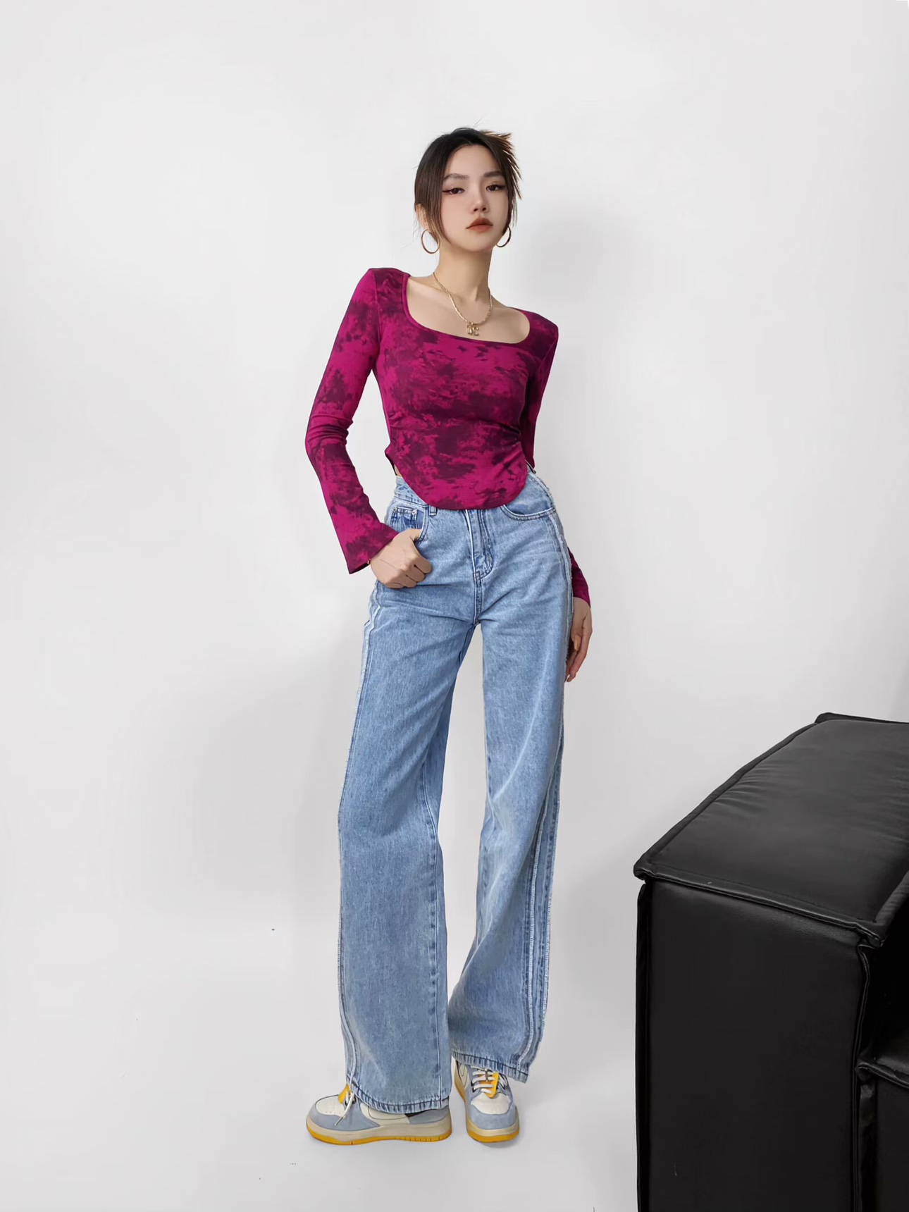 Y2K Spicy Girl Tie-Dye Square Neck Flared Long Sleeve T-Shirt with Pleated Waist and Slimming Curved Hem for Women Y2K Spicy Girl Tie-Dye Square Neck Flared Long Sleeve T-Shirt with Pleated Waist and Slimming Curved Hem for Women