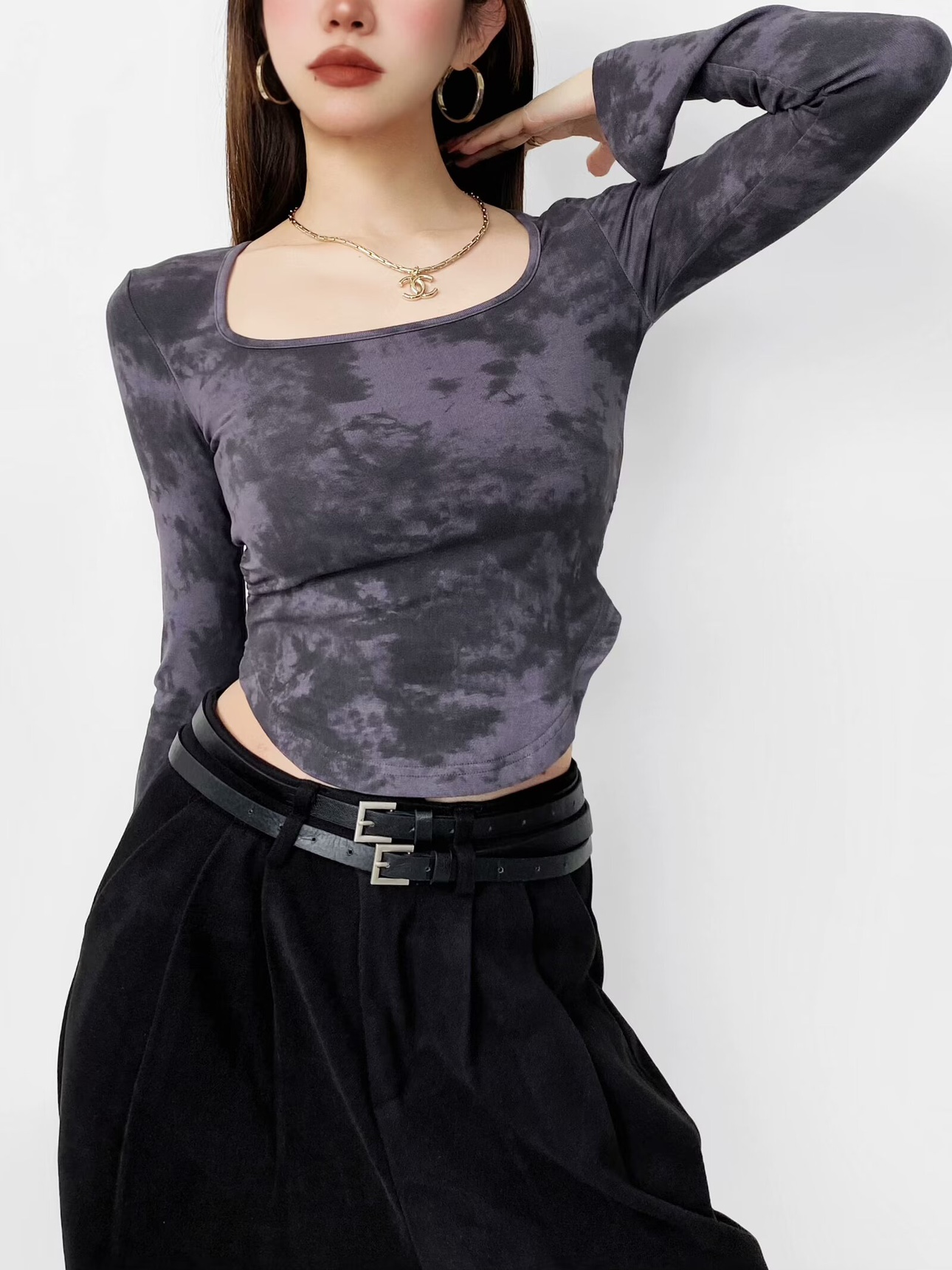 Y2K Spicy Girl Tie-Dye Square Neck Flared Long Sleeve T-Shirt with Pleated Waist and Slimming Curved Hem for Women Y2K Spicy Girl Tie-Dye Square Neck Flared Long Sleeve T-Shirt with Pleated Waist and Slimming Curved Hem for Women