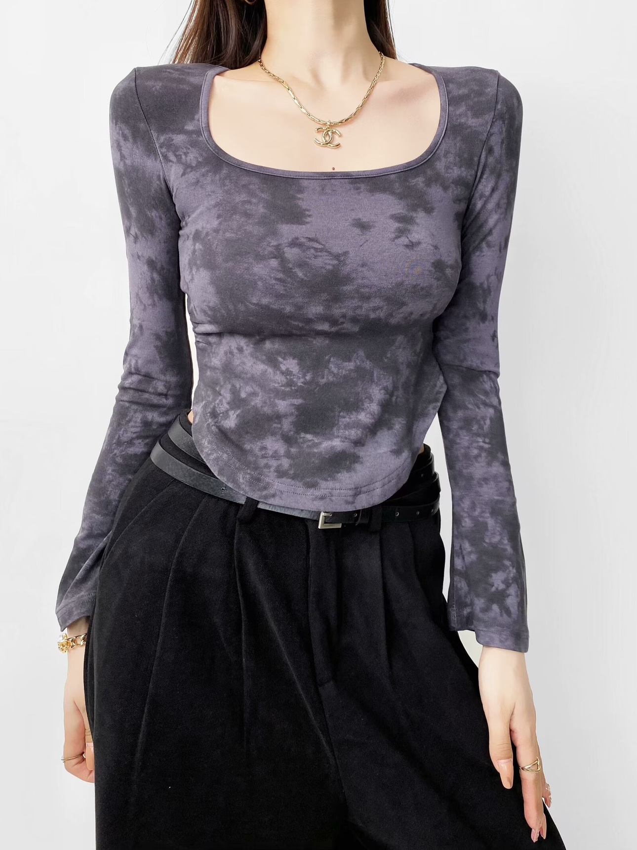 Y2K Spicy Girl Tie-Dye Square Neck Flared Long Sleeve T-Shirt with Pleated Waist and Slimming Curved Hem for Women Y2K Spicy Girl Tie-Dye Square Neck Flared Long Sleeve T-Shirt with Pleated Waist and Slimming Curved Hem for Women