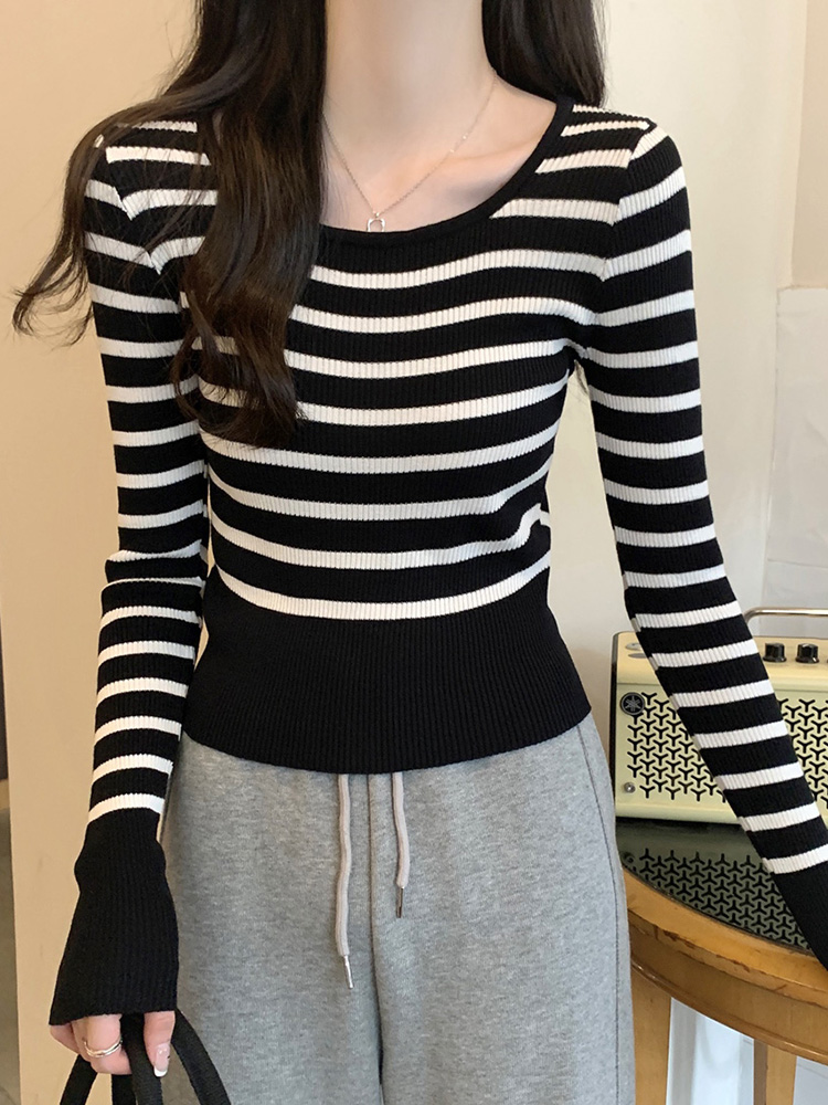 Y2K Striped Crop Top Women's Jazz Dance Outfit - Trendy K-Pop Style Knitwear for Hot Girl Looks Y2K Striped Crop Top Women's Jazz Dance Outfit - Trendy K-Pop Style Knitwear for Hot Girl Looks