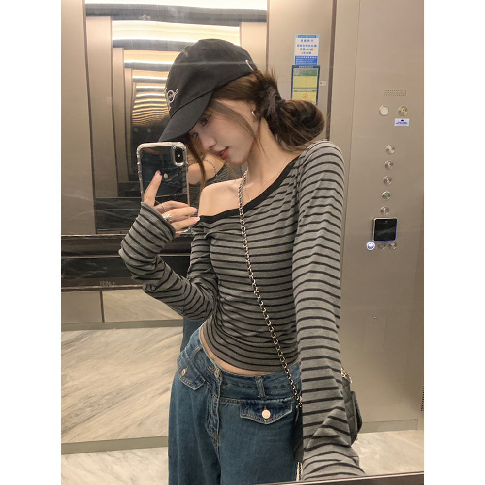Y2K Striped K-Pop Jazz Dance Top - Women's Slim-Fit Long Sleeve T-Shirt for Internet Celebrity Style
