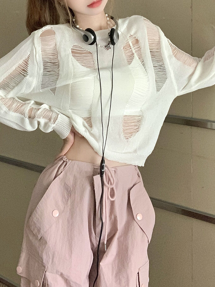 Y2K Style Sweet and Spicy Jazz Dance Top for Women, K-Pop Inspired Short Long Sleeve Knitted Cardigan