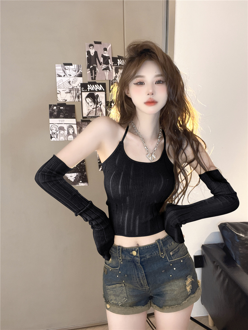 Y2K Sweet and Spicy Short Tank Top with Sleeves - European and American Jazz Dance K-Pop Wasteland Style Y2K Sweet and Spicy Short Tank Top with Sleeves - European and American Jazz Dance K-Pop Wasteland Style
