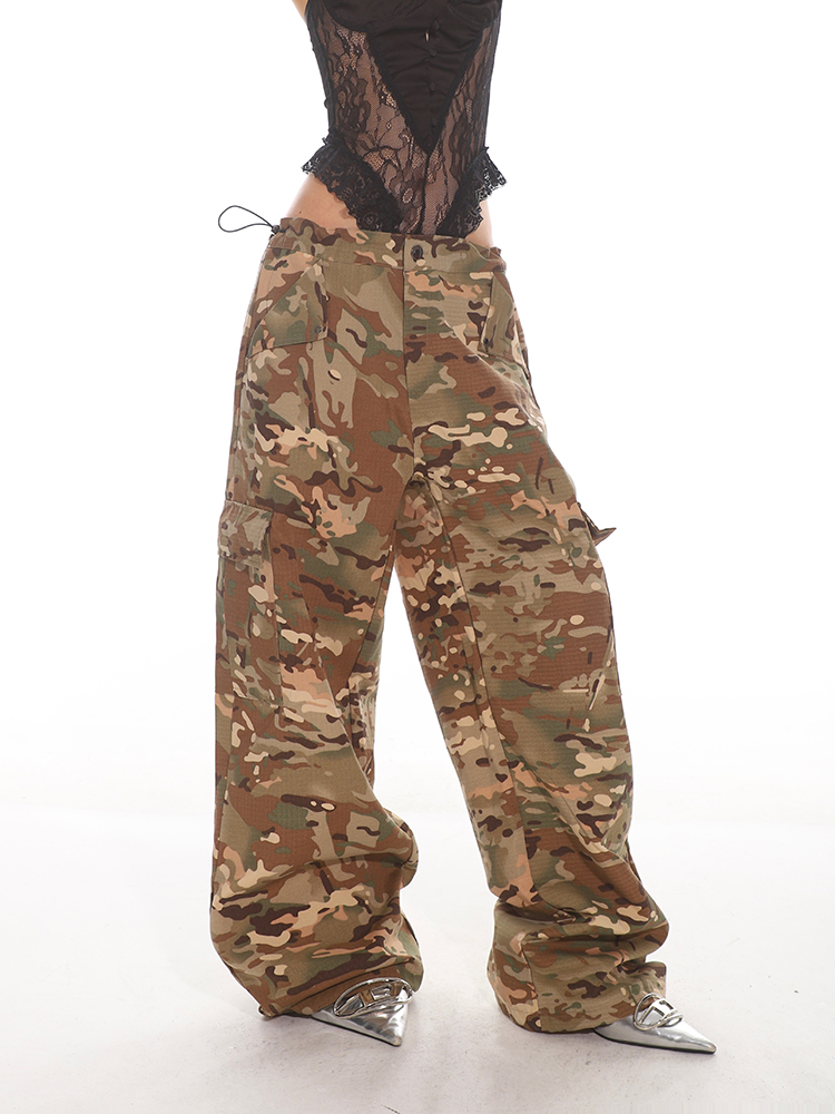 Yellow Camouflage Wide-Leg Casual Workwear Pants for Women - 2025 Summer American Style Spicy Girl Fashion Yellow Camouflage Wide-Leg Casual Workwear Pants for Women - 2025 Summer American Style Spicy Girl Fashion