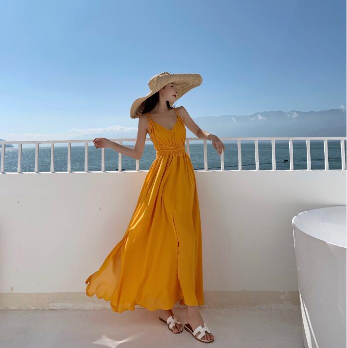 Yellow Cross-Back Strap Dress for Women - Perfect Vacation and Beach Photography Outfit, Ideal for Summer Getaways Yellow Cross-Back Strap Dress for Women - Perfect Vacation and Beach Photography Outfit, Ideal for Summer Getaways