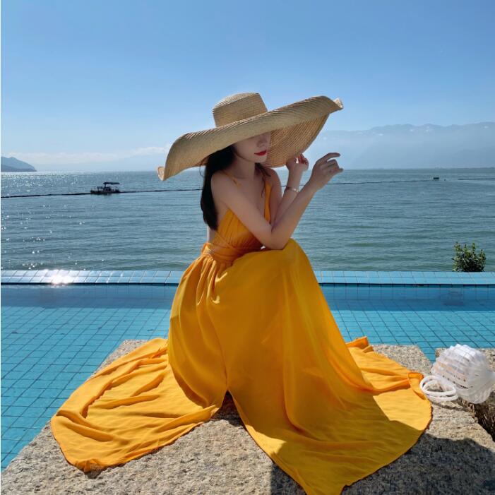 Yellow Cross-Back Strap Dress for Women - Perfect Vacation and Beach Photography Outfit, Ideal for Summer Getaways Yellow Cross-Back Strap Dress for Women - Perfect Vacation and Beach Photography Outfit, Ideal for Summer Getaways