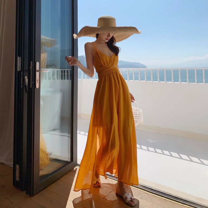 Yellow Cross-Back Strap Dress for Women - Perfect Vacation and Beach Photography Outfit, Ideal for Summer Getaways Yellow Cross-Back Strap Dress for Women - Perfect Vacation and Beach Photography Outfit, Ideal for Summer Getaways