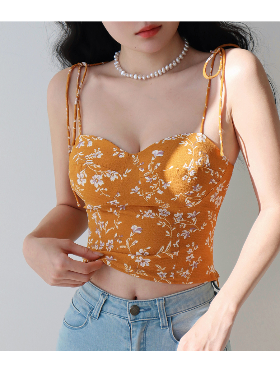 Yellow Floral Spaghetti Strap Top - Vintage Casual Vacation Shirt in French Hot Girl Style for Trendy Summer Looks Yellow Floral Spaghetti Strap Top - Vintage Casual Vacation Shirt in French Hot Girl Style for Trendy Summer Looks