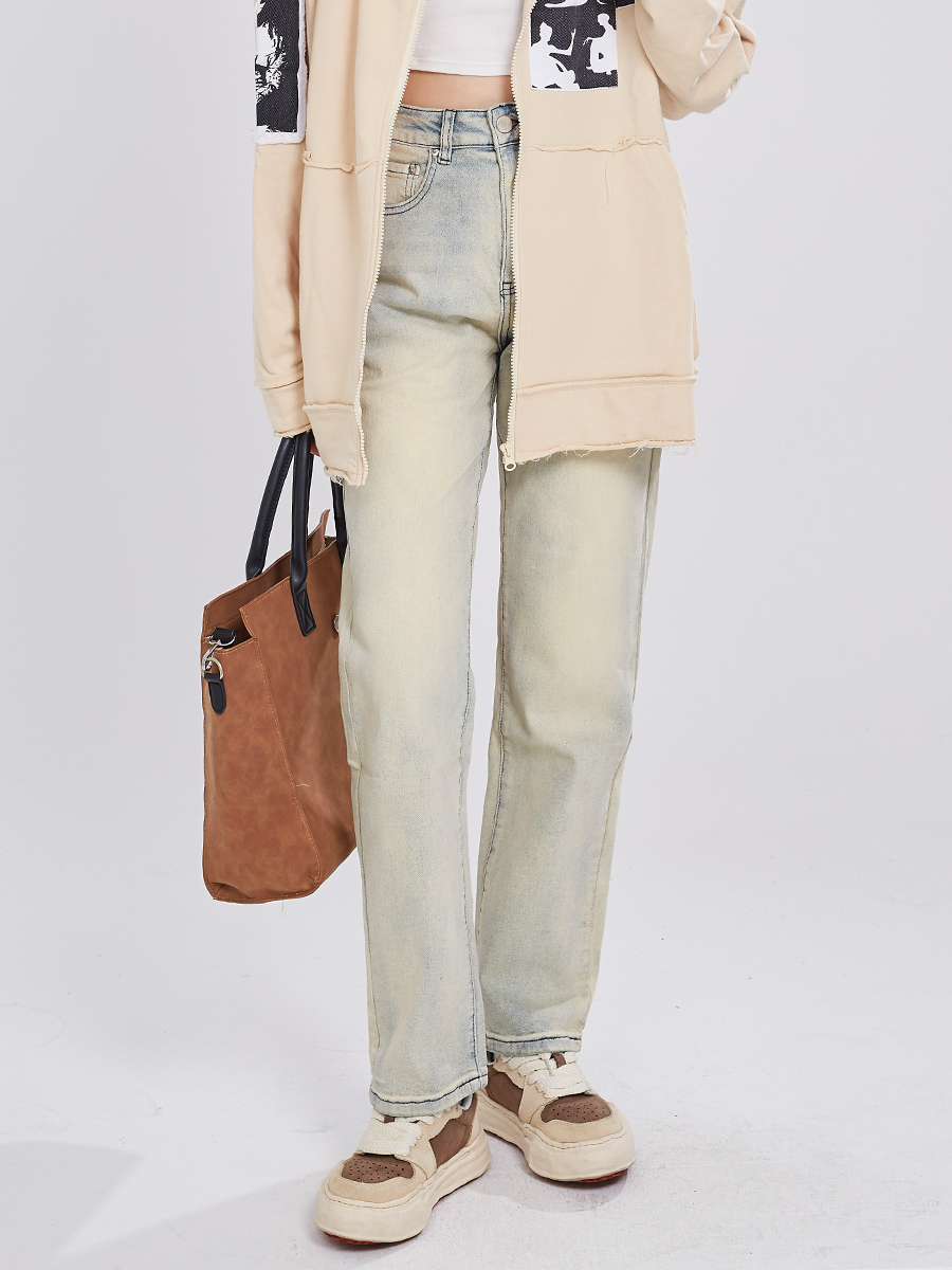 Yellow Mud Dyed Denim Pants for Women - Vintage High Street Style with Slight Stretch, American 90s Inspired Fashion Yellow Mud Dyed Denim Pants for Women - Vintage High Street Style with Slight Stretch, American 90s Inspired Fashion