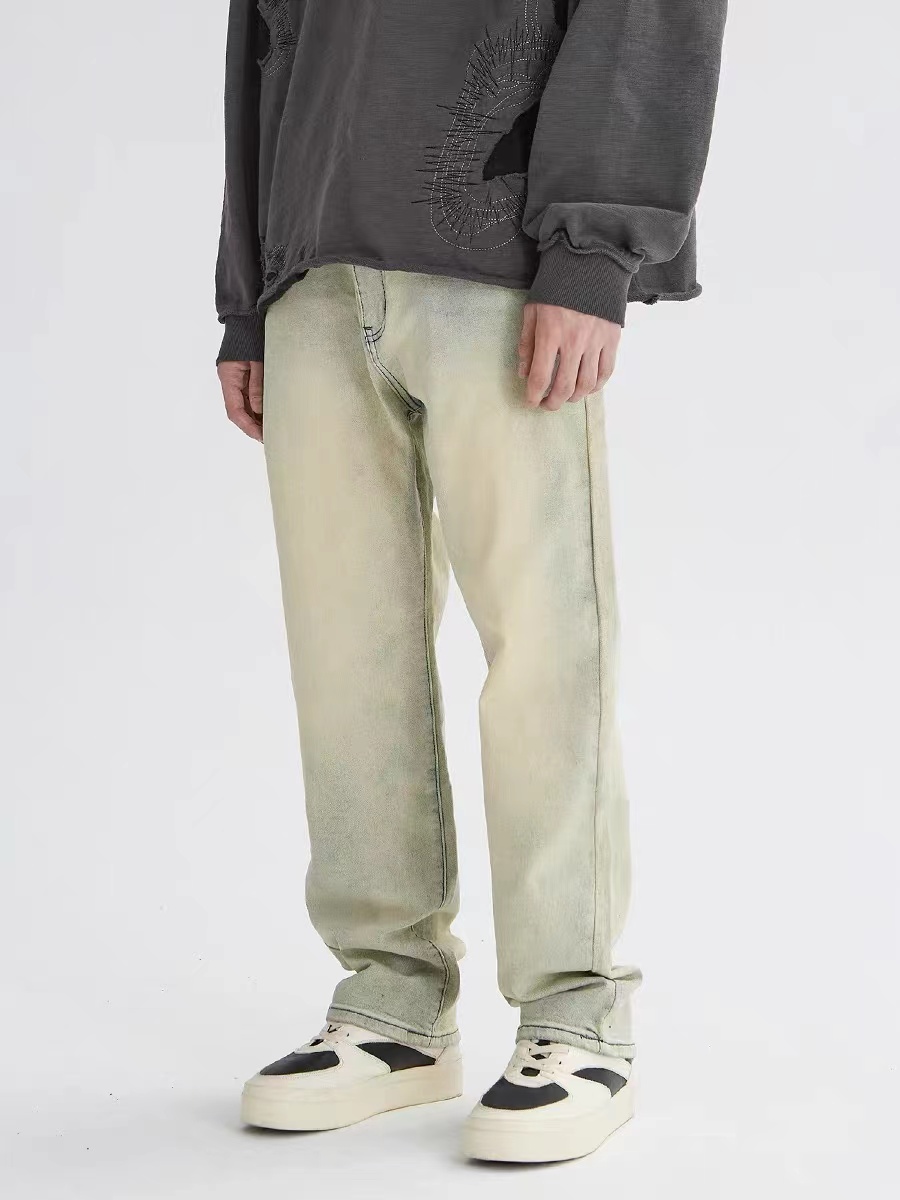 Yellow Mud Dyed Denim Pants for Women - Vintage High Street Style with Slight Stretch, American 90s Inspired Fashion Yellow Mud Dyed Denim Pants for Women - Vintage High Street Style with Slight Stretch, American 90s Inspired Fashion