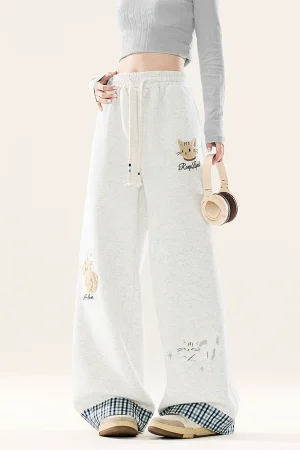 Japanese plush cat flocked plaid curling casual pants for women, high-waisted, loose and drapey, floor-length wide-leg sports pants