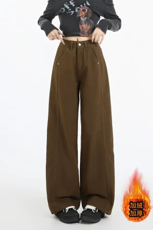 American retro brown deconstructed high-waisted jeans for women in winter Maillard loose velvet workwear wide-leg long pants