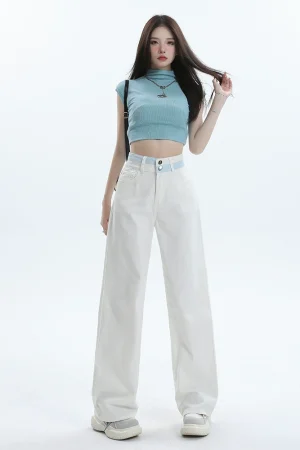 2025 New Style Contrast Color Splicing High Waist Jeans Women's American Loose Wide Leg Versatile White Straight Pants