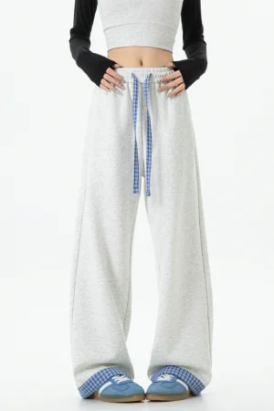 Fall Fashion: Contrast Plaid Stitching High Waist Wide Leg Pants for Women