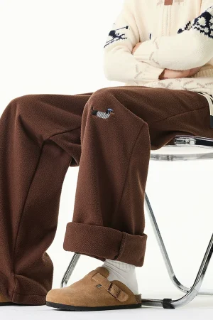 Dachshund embroidered thickened casual pants for women, winter trousers, retro loose and versatile, lambswool warm straight pants