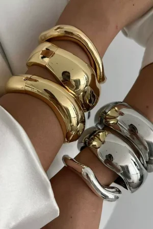90s Fashion Punk Vintage Wide Cuff Bangles in Gold and Silver Color