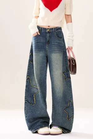 Retro distressed raw edge star patch jeans for women 2025 new loose slimming and drapey wide-leg floor-length trousers