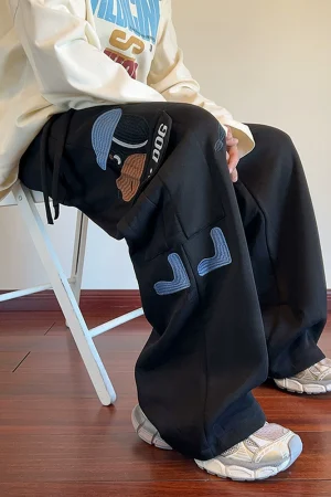 Black Puppy Embroidered Large Pocket Overalls Sweatpan - Cargo Pants Outfit