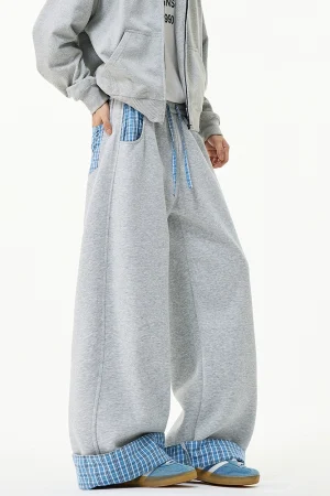 Retro contrasting plaid rolled edge casual sweatpants for women in autumn loose bf lazy style drape slim versatile wide leg pants