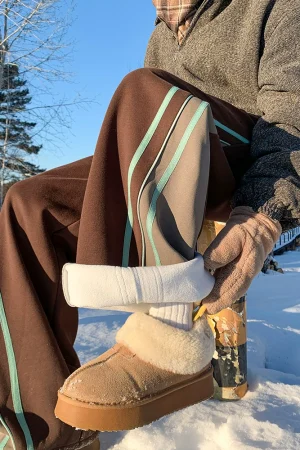 American style contrast stripe stitching sports pants for women 2025 winter trendy brand plus velvet thickened straight casual long pants