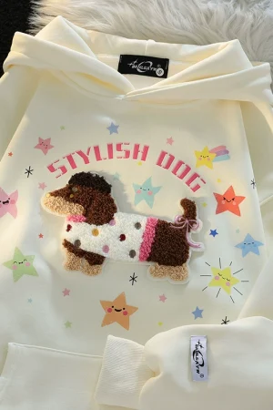 Cute towel embroidered puppy hooded sweatshirt for women in winter, college style, slim and versatile, thickened warm jacket for little people