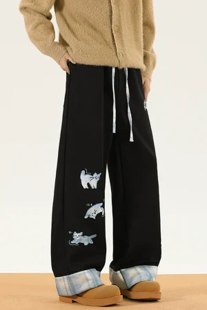 Cute Cat Patch Contrast Color Pants for Stylish Casual Fall Outfits