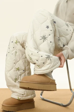 Diamond-shaped stars all-over velvet casual pants for women, winter couple style loose straight thickened warm outer cotton pants