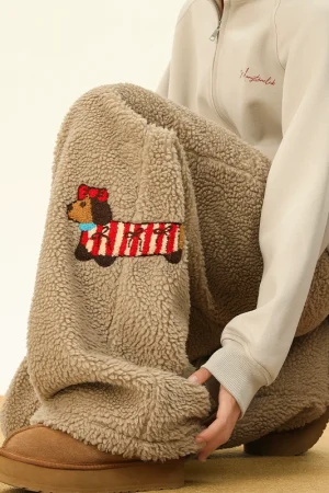 Khaki Puppy Embroidered Lamb Wool Cotton Pant - Leather Pants Outfit Winter