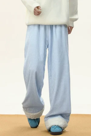 Dopamine striped sherpa cotton pants women's winter college style thickened warm loose straight wide leg long pants trendy